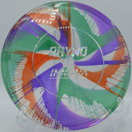 I-Dye Champion Rhyno putter staged for a short hyzer putt at Lake Shawnee Disc Golf Course in Topeka, Kansas