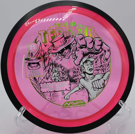 MVP Proton Trail Halloween disc released forehand down narrow fairway at Tom Pearce Park in Grants Pass, Oregon