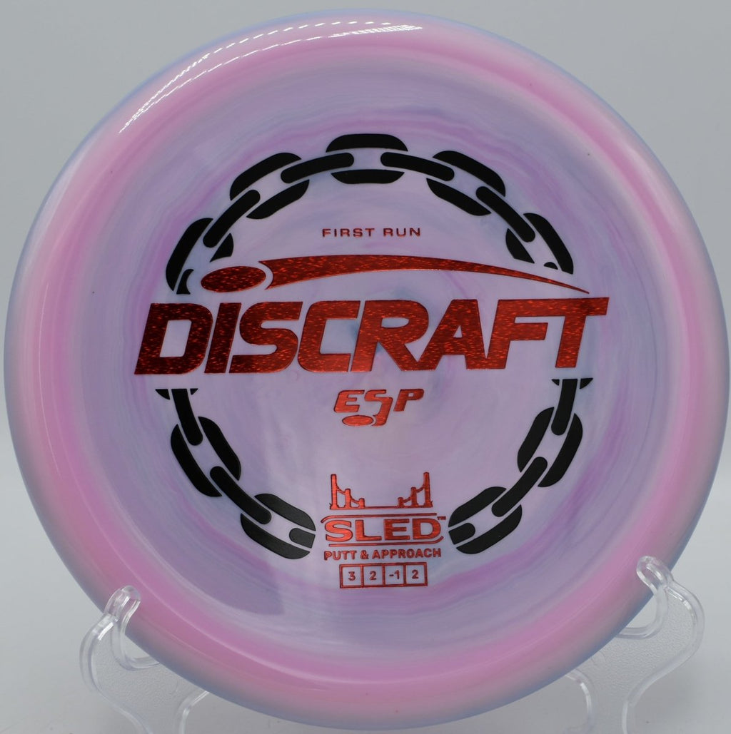 ESP First Run Sled accurate upshot inside circle one at Selah Ranch Disc Golf Course in Talco, Texas