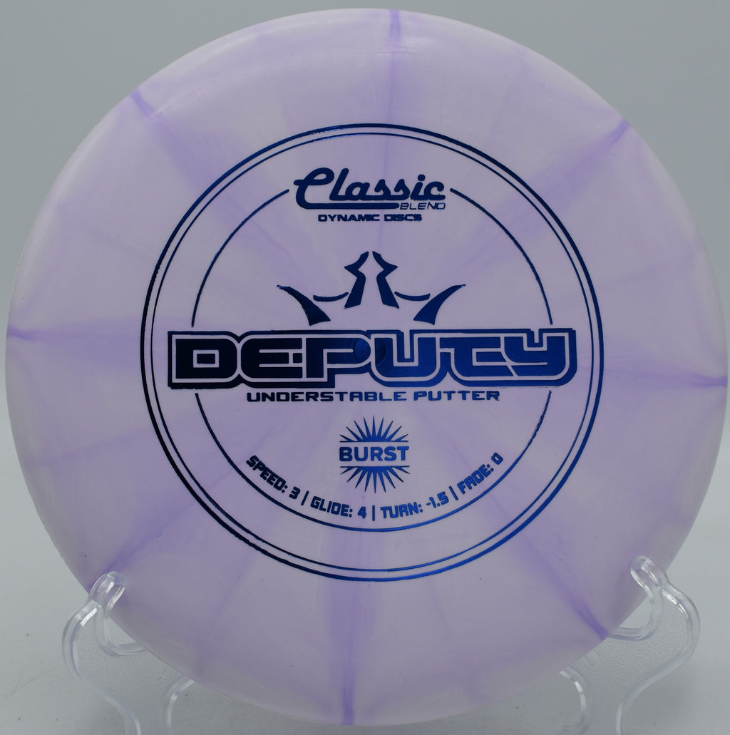 Dynamic Discs Classic Blend Burst Deputy reliable putter sticking chains at Tyler State Park Disc Golf Course in Newtown, Pennsylvania.