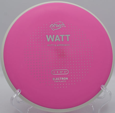 Electron Firm Watt putter resting near chains on the green at Bayville Park Disc Golf Course in Virginia Beach, Virginia