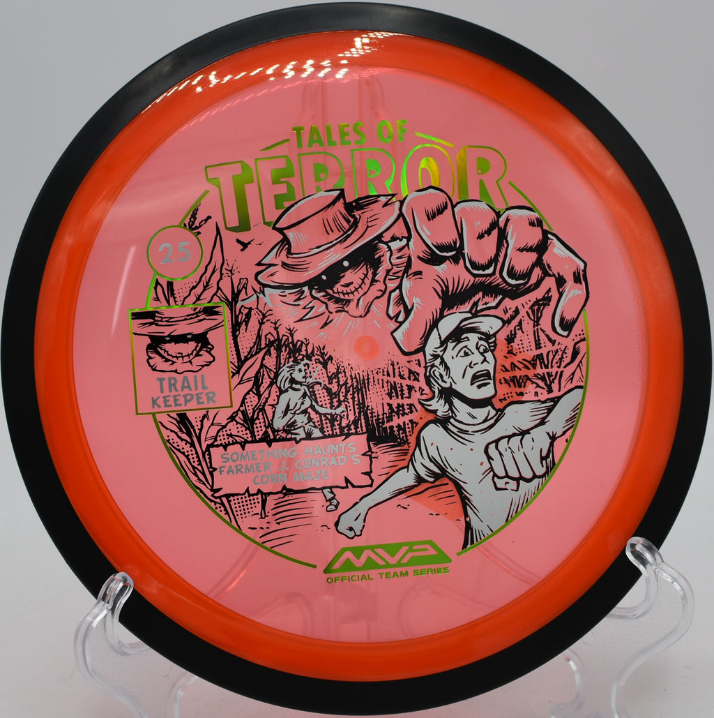 Trail disc with Halloween graphics flying into the sunset at Leverich Park Disc Golf Course in Vancouver, Washington.
