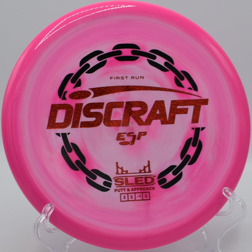 Discraft First Run ESP Sled glidey straight approach at Winthrop Arena Disc Golf Course in Rock Hill, South Carolina