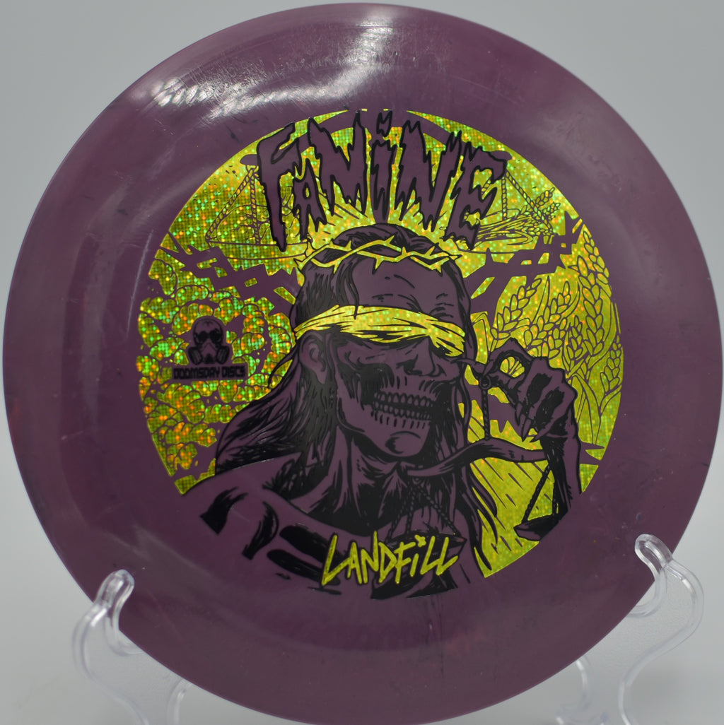 Landfill Famine punching a tailwind bomb at Olbright Park DGC in Fort Payne, AL, soaring long on a clean hyzer-flip release.