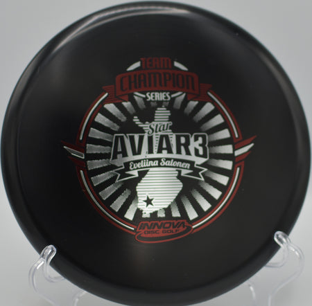 2018 Eveliina Salonen Aviar3 parked under the basket after a clean spin putt at Maple Hill Disc Golf Course in Leicester, Massachusetts.

