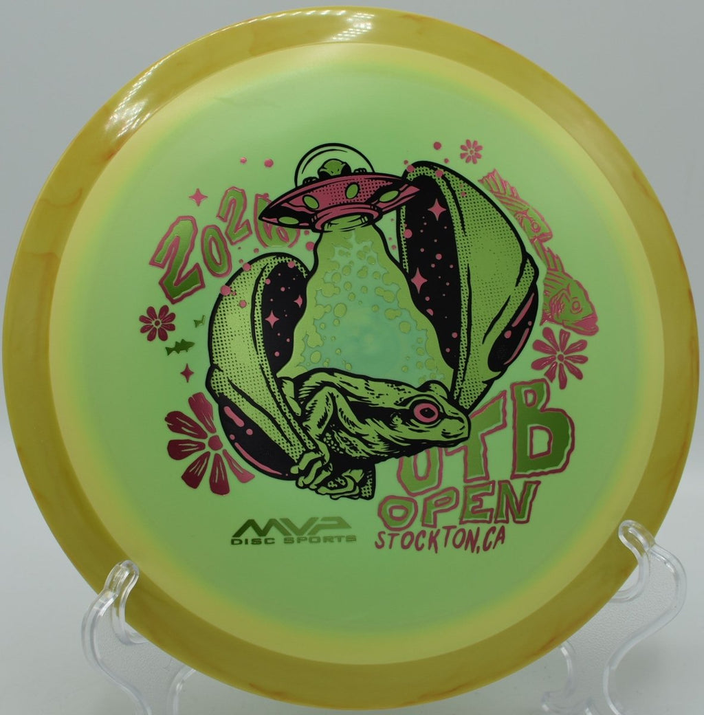 Axiom Delirium Fission OTB Open edition photographed near basket chains at Hyland Hills Disc Golf Course in Bloomington, Minnesota