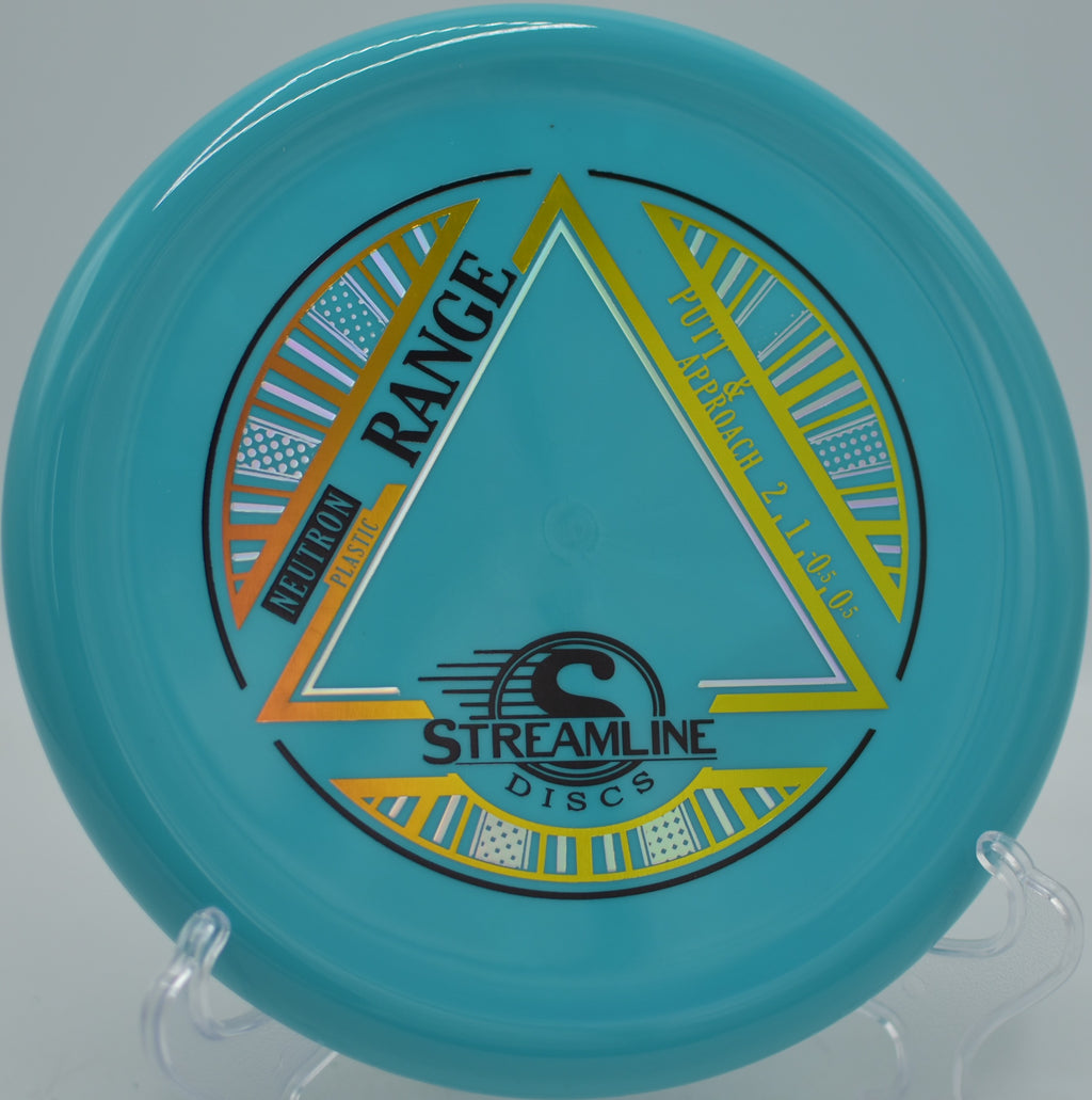 Streamline Neutron Range settling softly on a straight placement shot at Harry Myers Disc Golf Course in Rockwall, Texas.