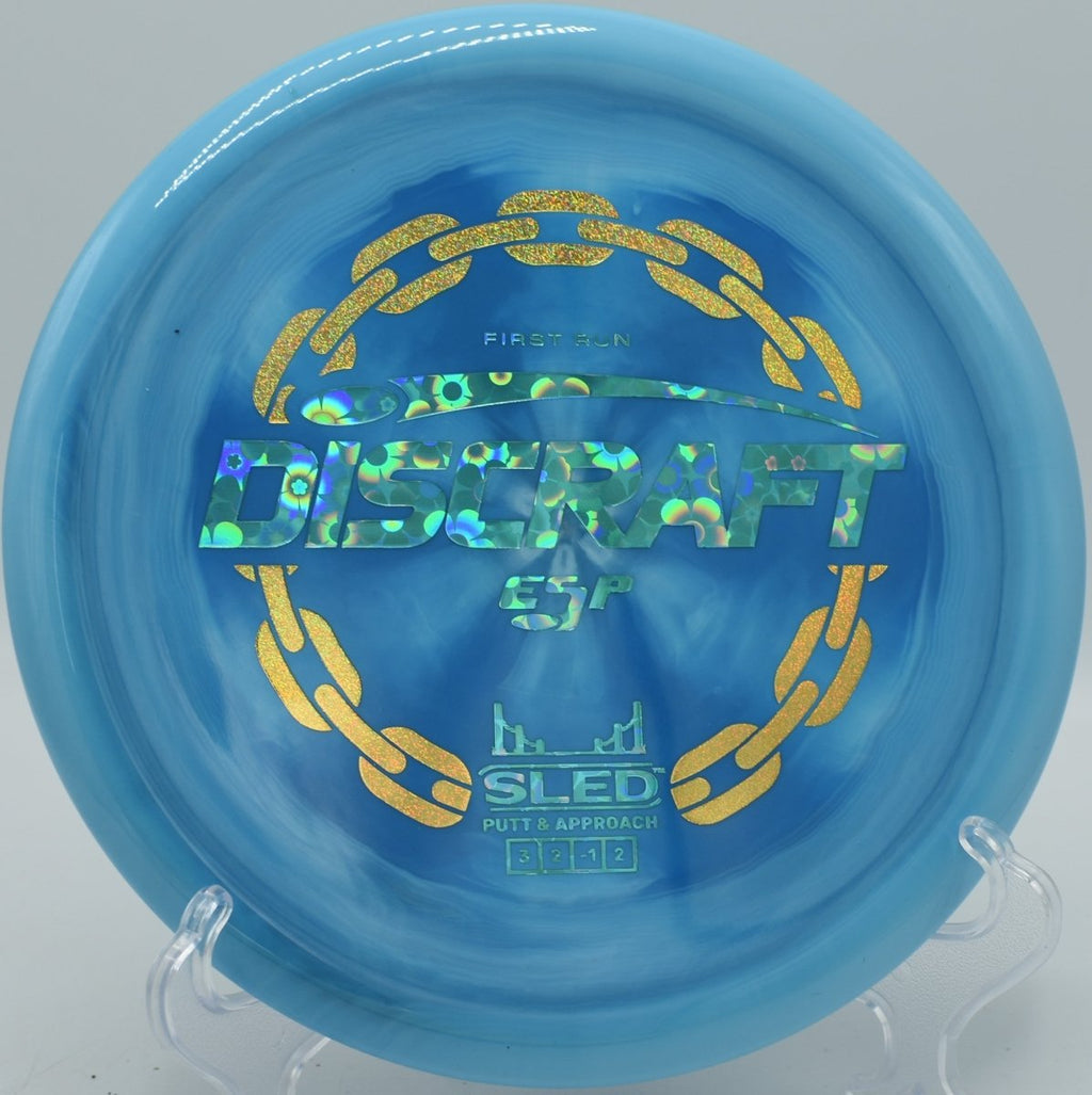 Discraft First Run ESP Sled controlled forehand upshot at Valley View Disc Golf Course in New Gloucester, Maine