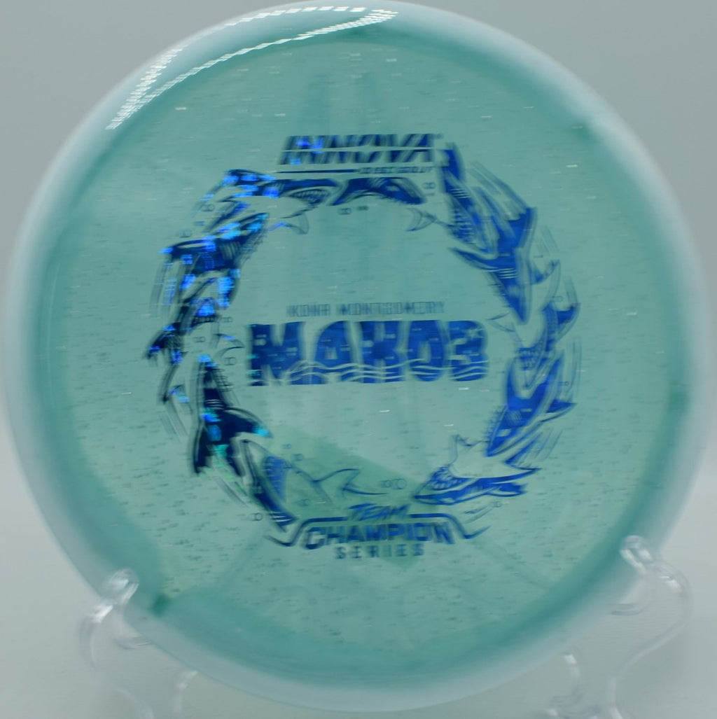 Innova Halo Champion Metal Flake Mako3 disc golf midrange resisting fade at Harmon Hills Disc Golf Course in Fall Branch Tennessee