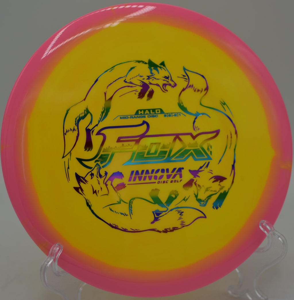 Innova Halo Star Fox driver showing its signature two-tone rim at North Cove Disc Golf Course in Marion, North Carolina.