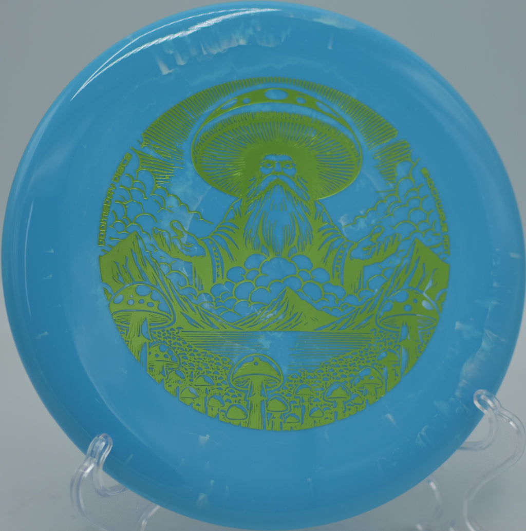 Rot Shockwave Doomsday Discs approach disc with powerful fade finishing near the pin at Osage Grove Disc Golf Course in Goshen, Ohio.