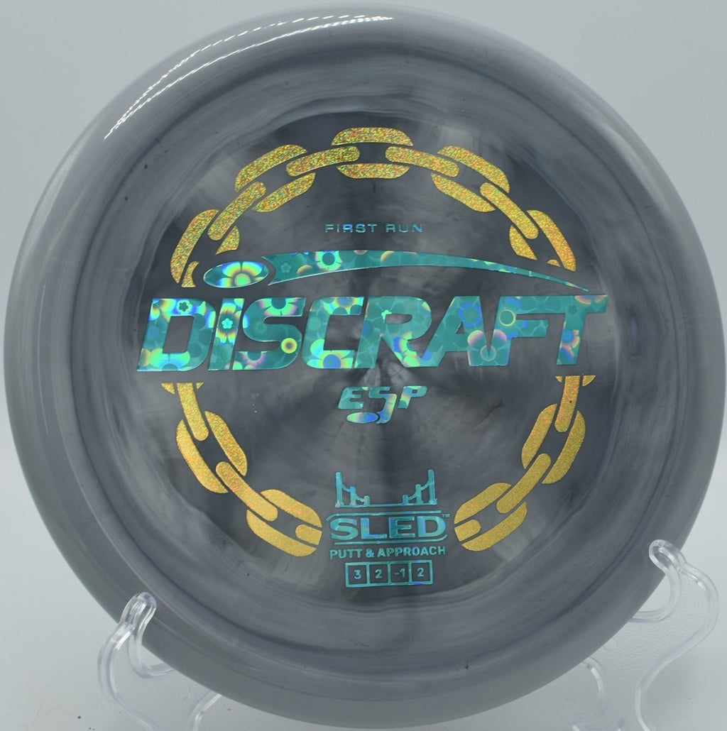 First Run ESP Sled technical wooded approach shot at Standing Rocks Disc Golf Course in Stevens Point, Wisconsin