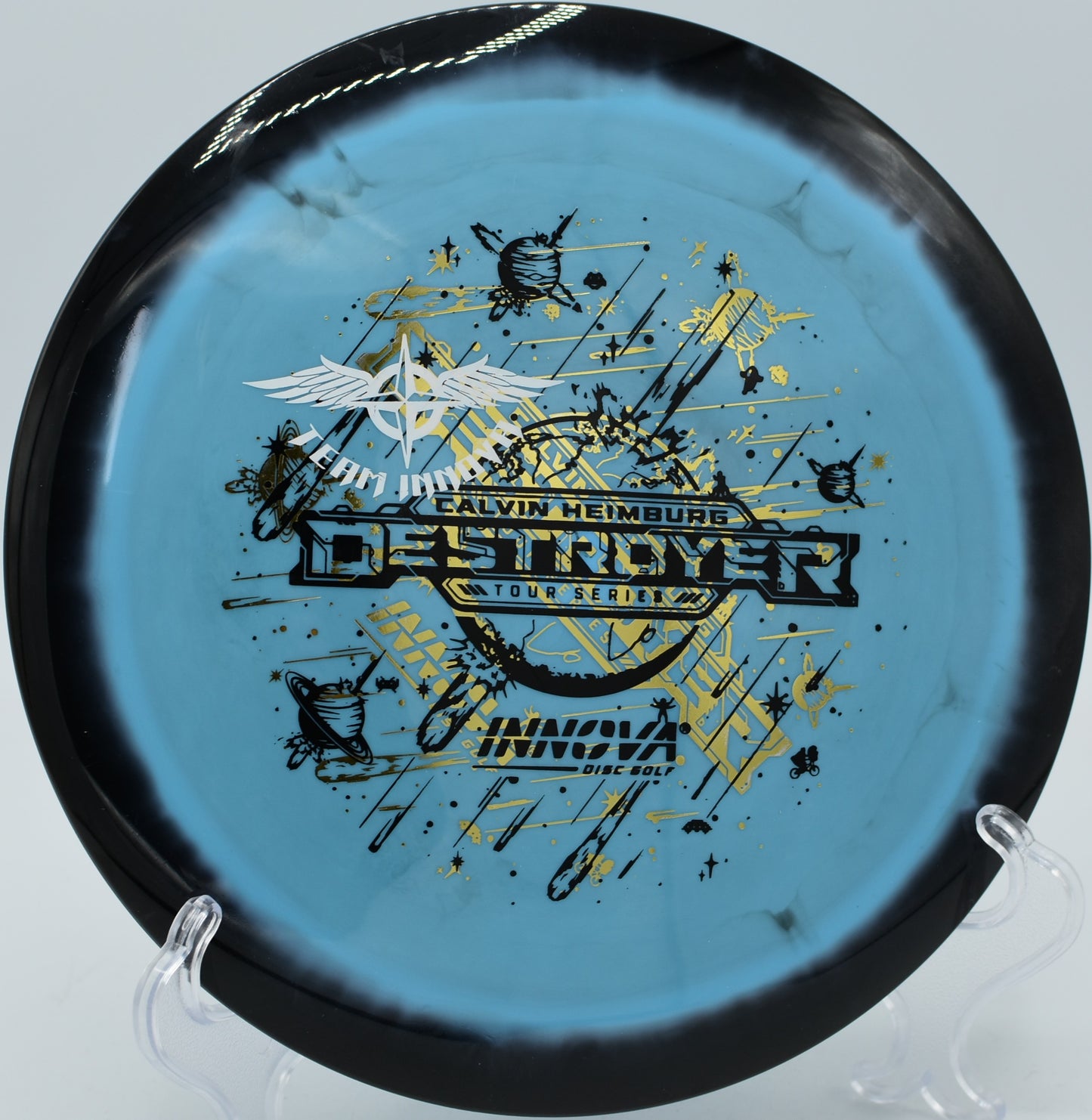 Innova Halo Destroyer ripping a full-power backhand drive at Bucksnort Disc Golf Course in Pine, Colorado.


