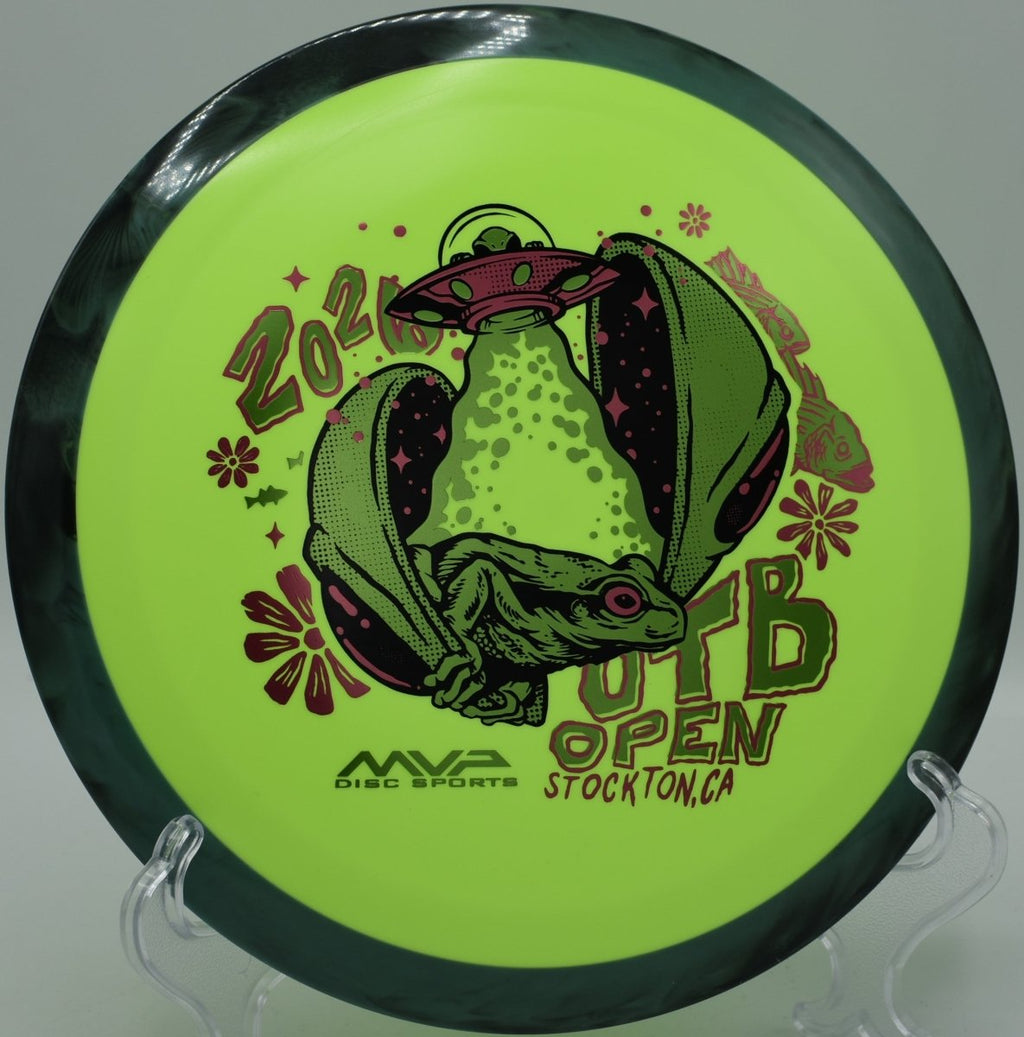 Axiom OTB Open Delirium Fission plastic distance driver on fairway edge at Branson Trails Disc Golf Course in Branson, Missouri