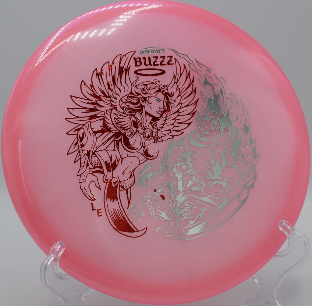Colorshift Z Glo Buzzz flying over a sunset-lit fairway at Eagles Crossing in Hawk Point, Missouri, combining stunning visuals with consistent midrange stability.

