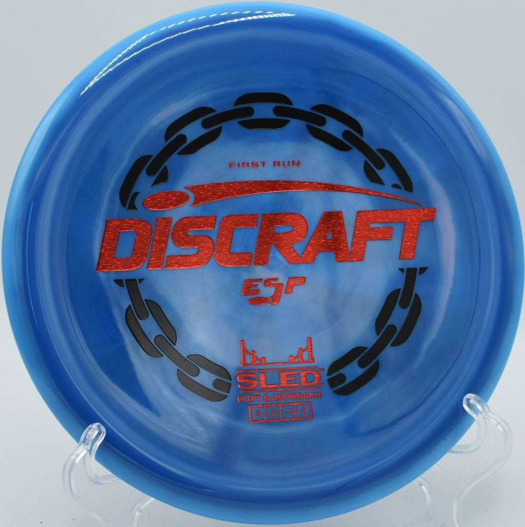 ESP First Run Sled stable putter approach finishing near chains at McPherson Park Disc Golf Course in Howell, Michigan