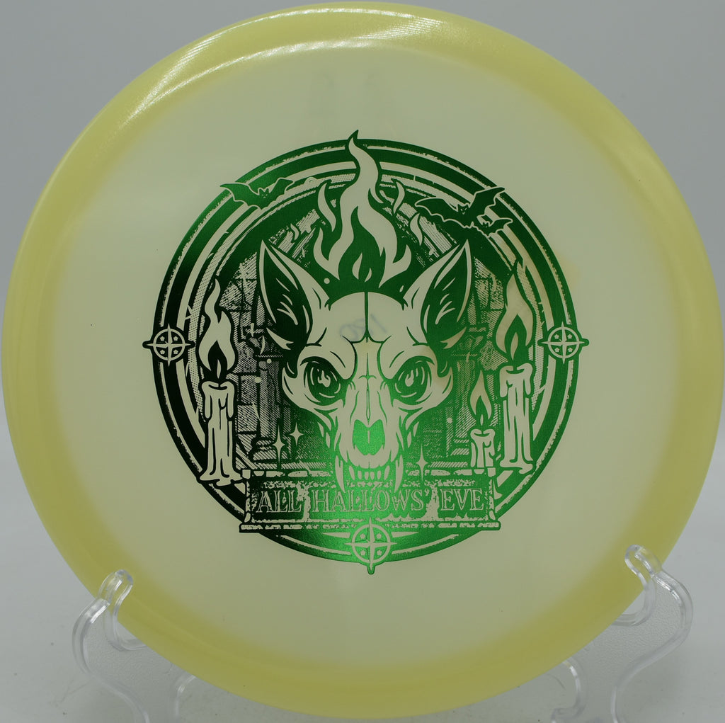 Proto-Glow Champion Fox Innova control glow midrange parking circle one at Renny Gold Disc Golf Course in Charlotte, North Carolina.