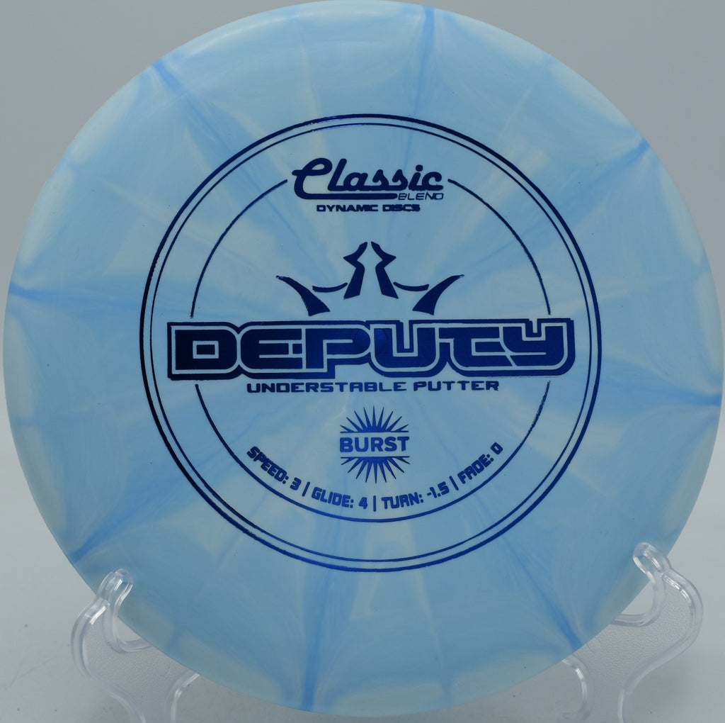 Classic Blend Burst Deputy Dynamic Discs glidey putter flying dead straight at Orange Crush Disc Golf Course in Fairmont, West Virginia.