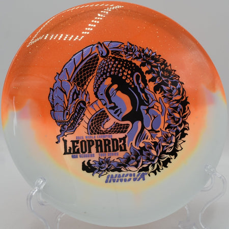 Duo Leopard3 Ohn Scoggins Tour Series fairway driver staged on the tee pad at Tower Ridge Disc Golf Course in Eau Claire, Wisconsin
