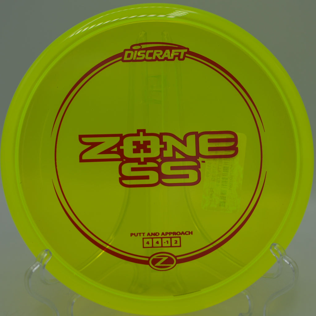 Discraft Z Zone SS finishing stable near the target at Ryan Ranch Disc Golf Course in Monterey, California.