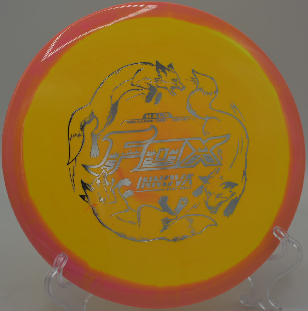 Innova Halo Star Fox caught mid-flight on a smooth hyzer flip at Idlewild Disc Golf Course in Burlington, Kentucky.