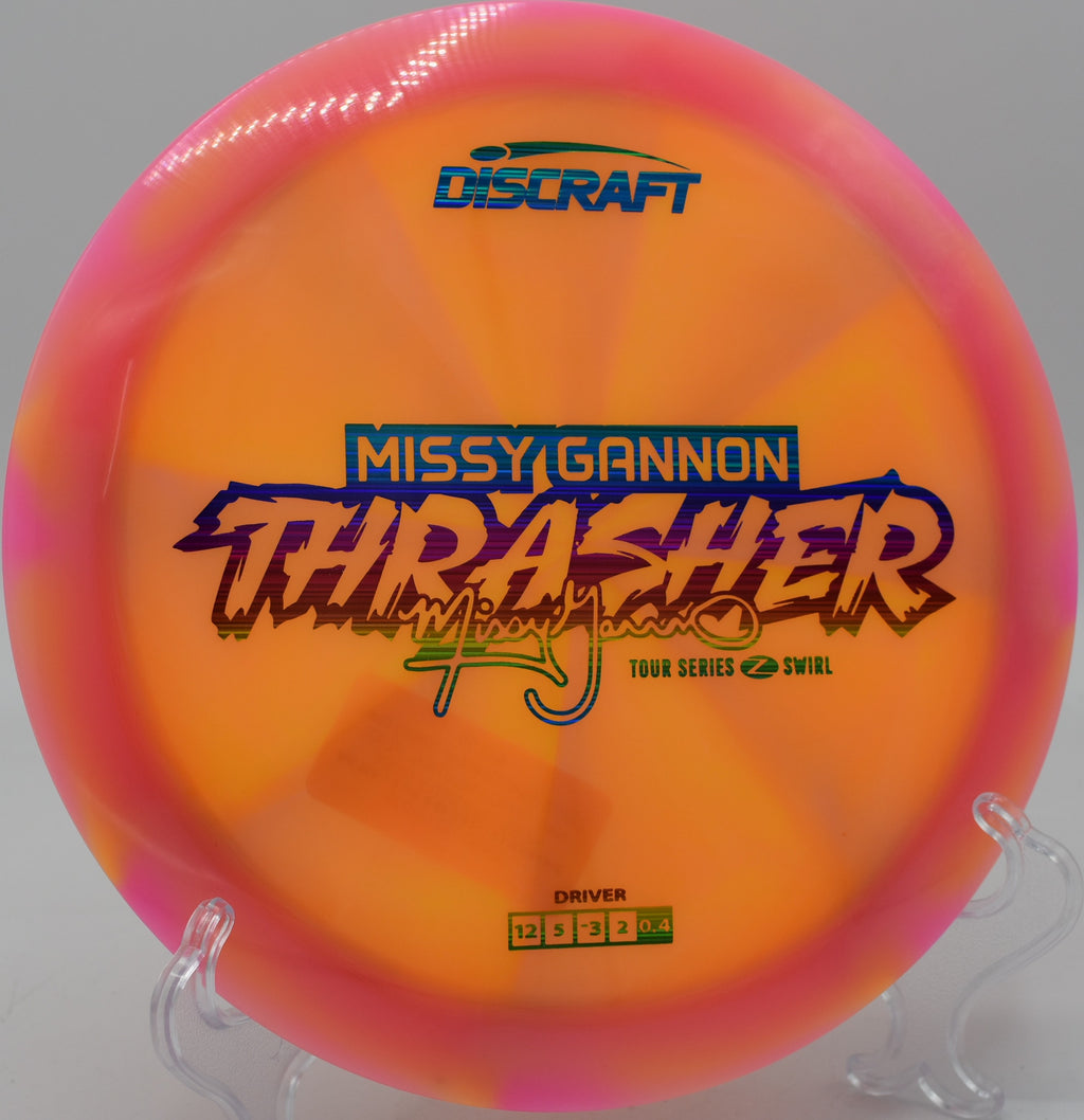 A red Z Swirl Thrasher on edge rolling across fairway at Paul McBeth's home course in Lynchburg, Virginia.

