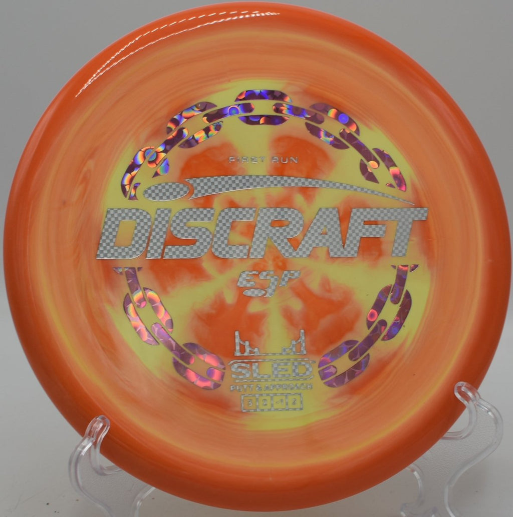 Discraft First Run ESP Sled stable approach disc landing softly at The Canyons at Dellwood Park in Lockport, Illinois