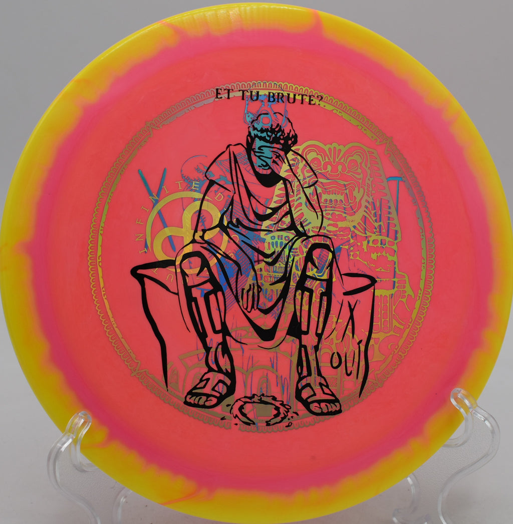 Halo S-Blend Slab X-Out Infinite Discs overstable distance driver skipping hard at Northwood Black Disc Golf Course in Morton, Illinois.