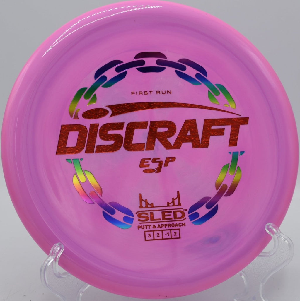 Discraft First Run ESP Sled smooth turnover approach shot at Stafford Woods Disc Golf Course in Voorhees, New Jersey