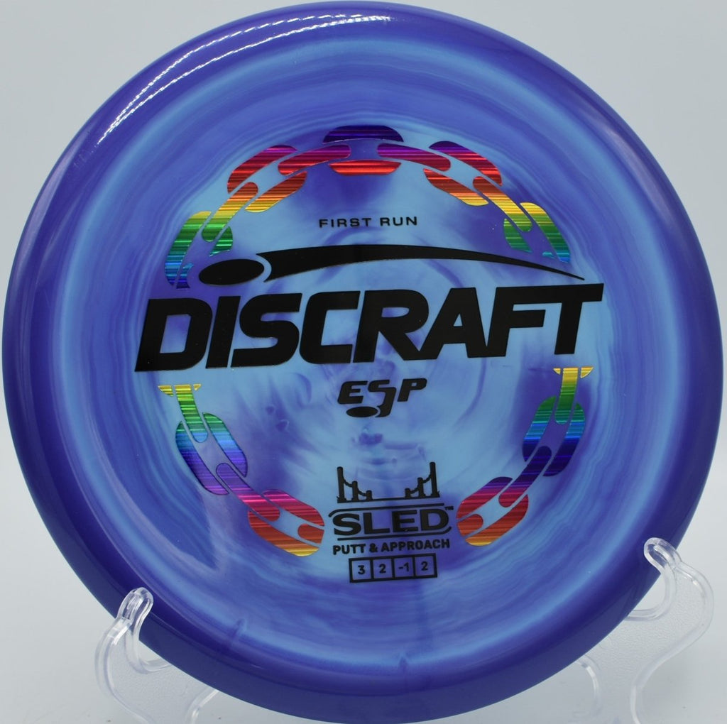 First Run ESP Sled straight glide upshot finishing near the chains at Shawnee Mission Park Disc Golf Course in Lenexa, Kansas