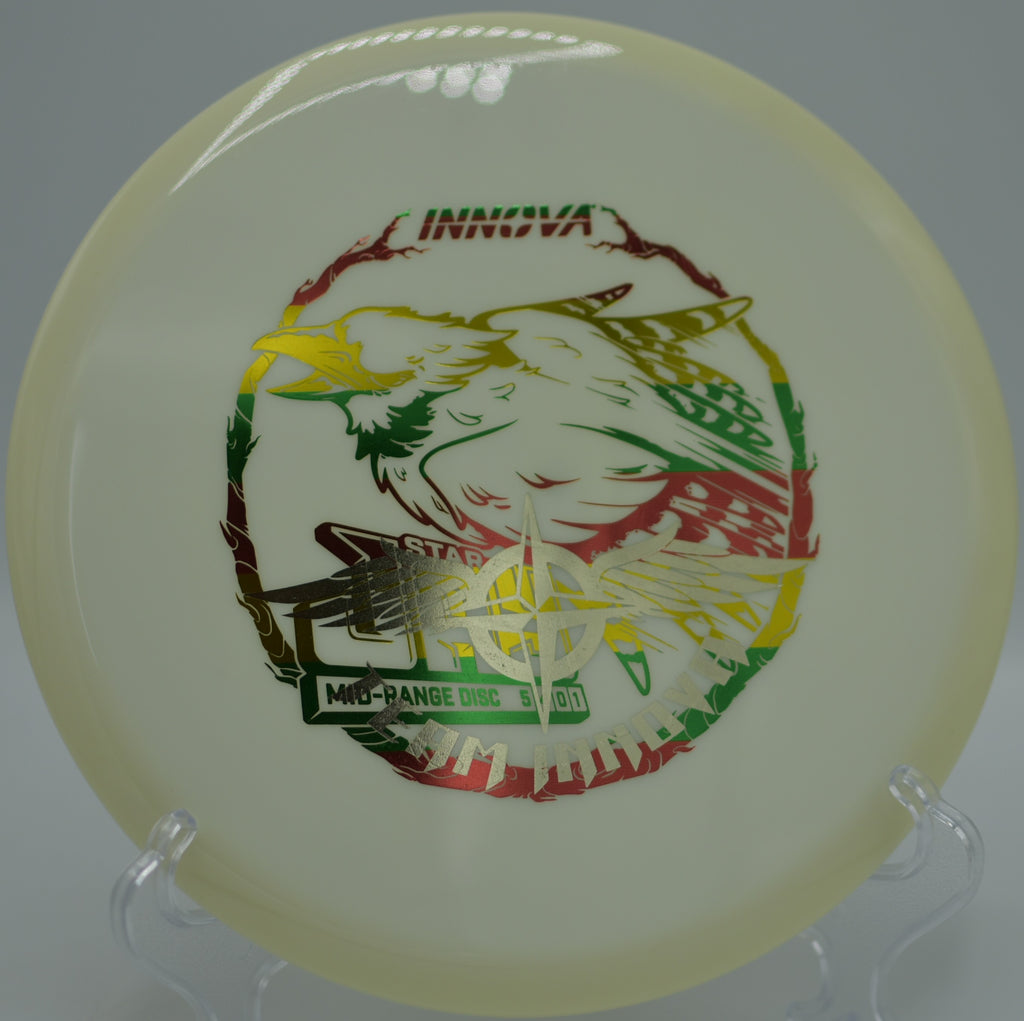 Innova Star Jay (Team Stamp) flying straight with a soft fade toward the pin at Maple Hill Disc Golf Course in Leicester, Massachusetts.