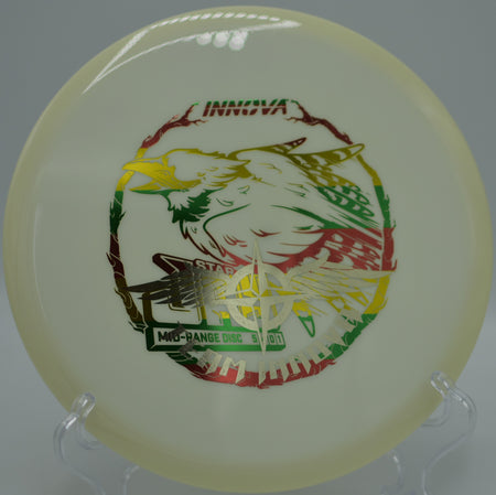 Innova Star Jay (Team Stamp) flying straight with a soft fade toward the pin at Maple Hill Disc Golf Course in Leicester, Massachusetts.