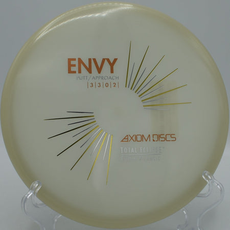 Total Eclipse Envy glow forehand upshot at Freedom Hills Disc Golf Course in Nineveh, Indiana, holding angle integrity before fading strong