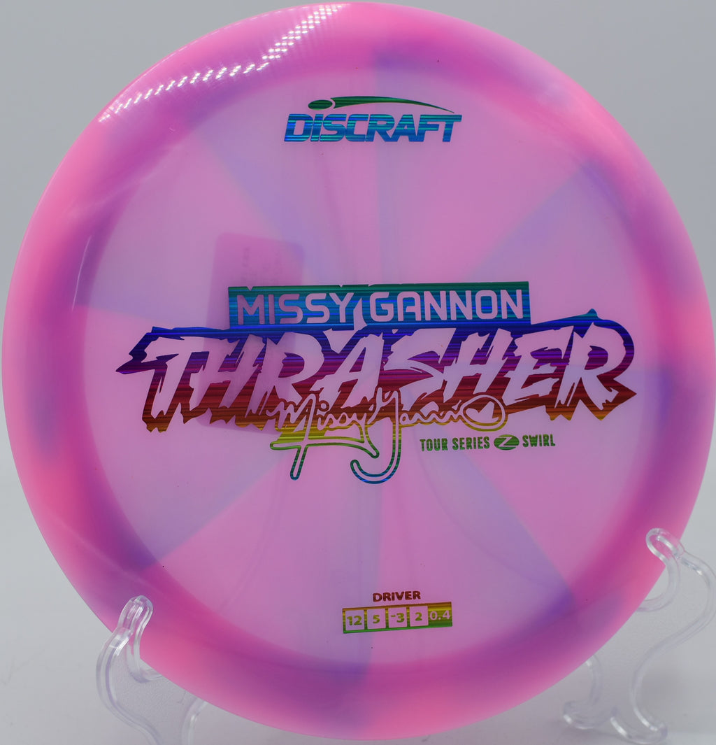 Close-up of vibrant swirl pattern on Thrasher at Sandy Point Resort Disc Golf Ranch in Wisconsin.

