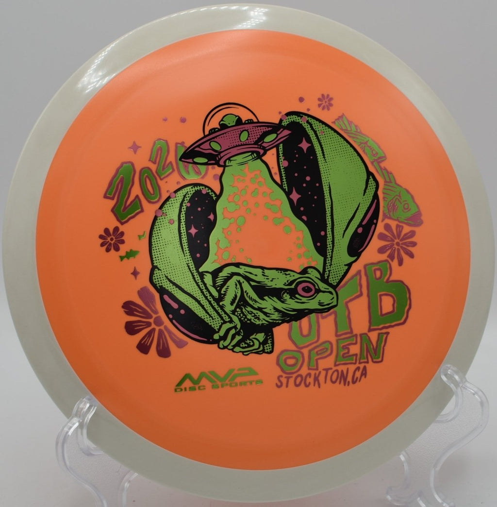 Axiom Fission Delirium OTB Open special edition driver lying on forest floor at Panther Creek Disc Golf Course in Springfield, Illinois