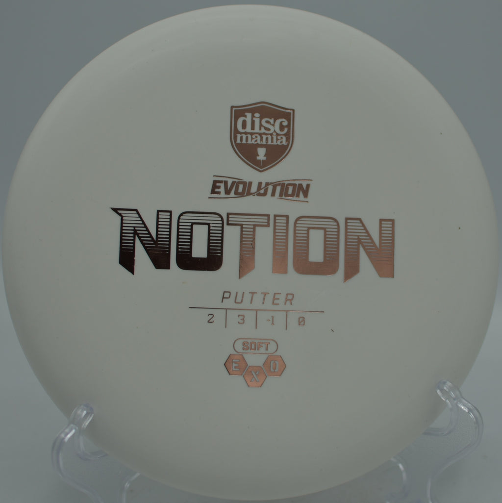 Discmania Exo Soft Notion held in a firm putting grip at Morley Field Disc Golf Course in San Diego, California.