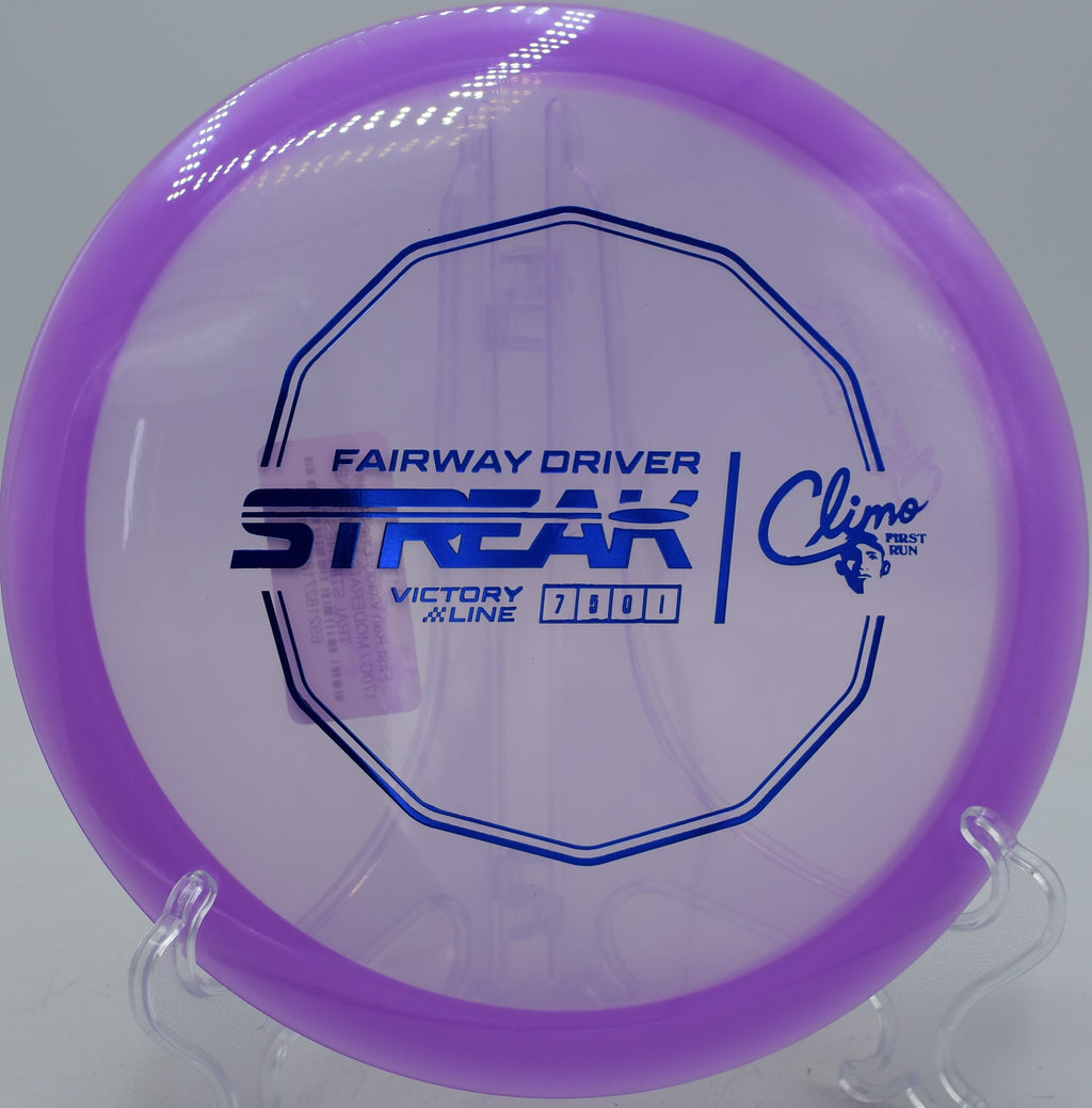Climo Discs Streak soaring down a wide fairway at Lake Eureka Temp Course in Eureka, IL