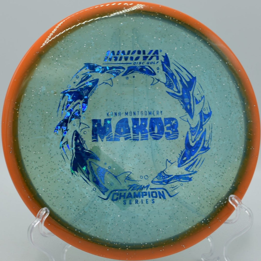 Innova Halo Champion Metal Flake Mako3 midrange carving straight fairway at Hornets Nest Park Disc Golf Course in Charlotte North Carolina