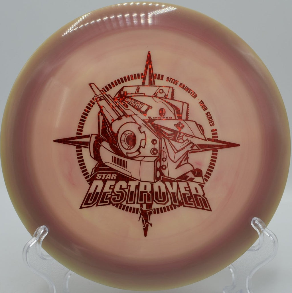 Brinster Star Destroyer powered on a long flex bomb at Rolling Knolls Disc Golf Course in Elgin, Illinois, holding high-speed stability under torque and finishing with a heavy, reliable fade for elite disc golf distance