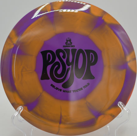 Psyop distance driver in Retina plastic gliding straight at Hornets Nest Disc Golf Course in Charlotte, North Carolina