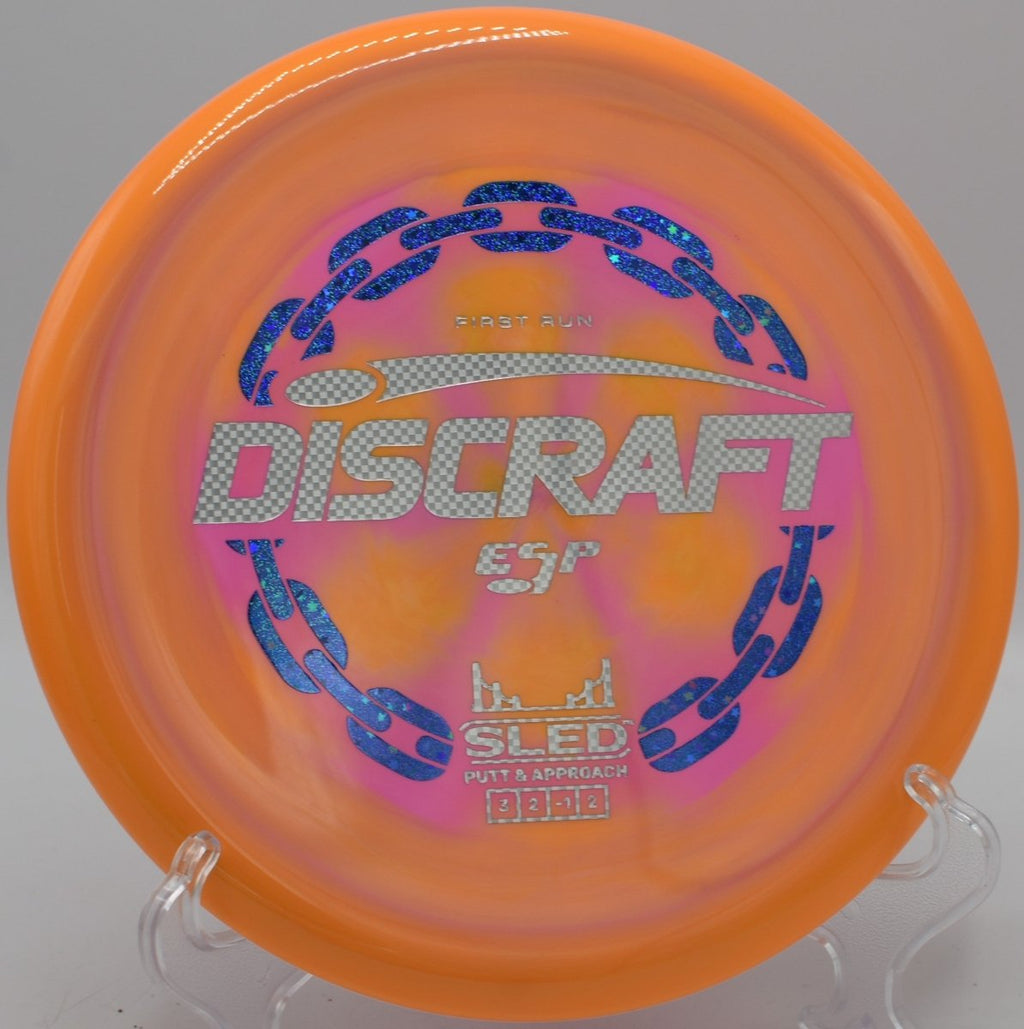 ESP First Run Sled precision putter drive on wooded hole at Muddy Run Disc Golf Course in Holtwood, Pennsylvania