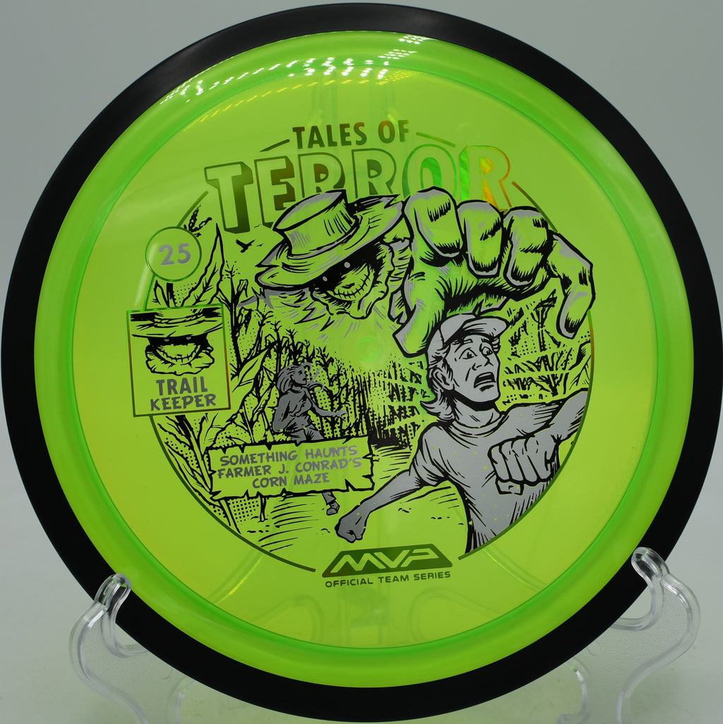 MVP Trail Halloween edition disc holding line across a water carry at Tyler State Park in Pennsylvania.