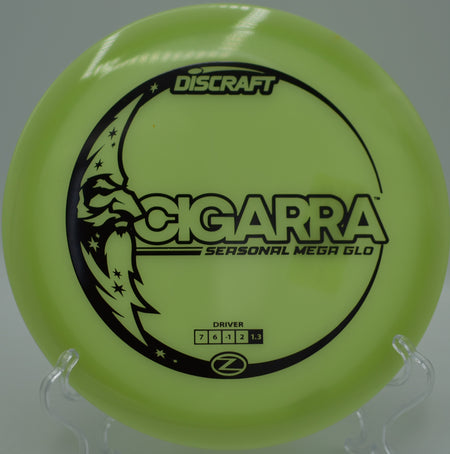 Mega Glow Z Cigarra glowing on a straight forehand line at Fountain Hills Disc Golf Course in Fountain Hills, Arizona.