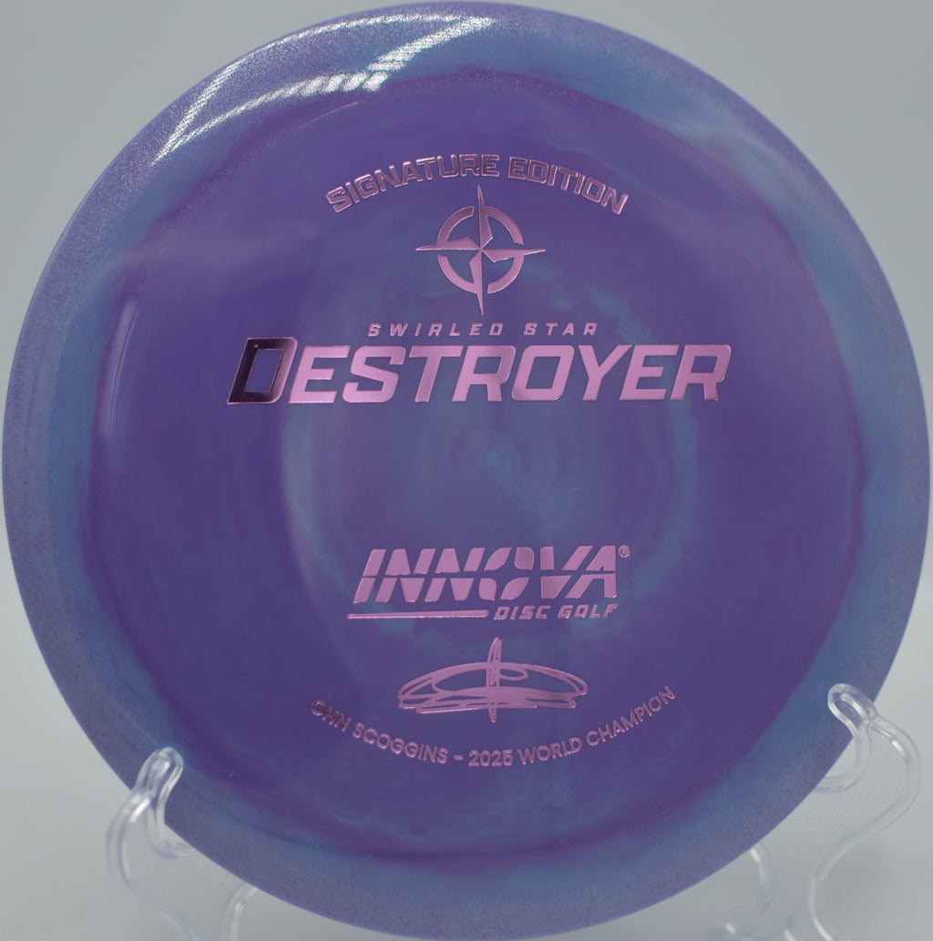 Ohn Scoggins Destroyer hyzer-flipping through a wooded corridor at Payson DGC in Payson, UT, holding angle with controlled overstable finish.