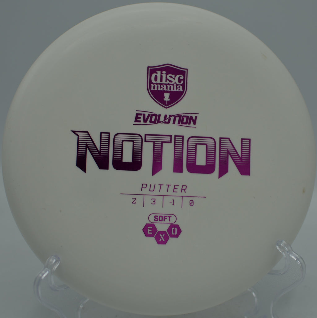 Soft Exo Notion releasing on a straight putt toward chains at Hornets Nest Disc Golf Course in Charlotte, North Carolina.