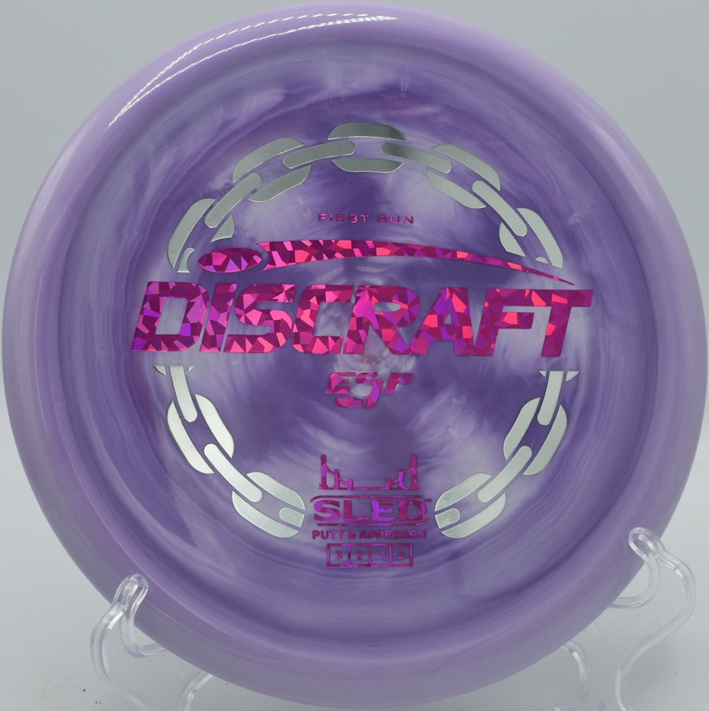 Discraft First Run ESP Sled stable forehand approach shot at Heritage Park Disc Golf Course in Adrian, Michigan