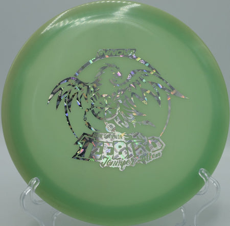 2017 Jennifer Allen Glow TeeBird fairway driver glowing on a flat, controlled line at Blue Lake Disc Golf Course in Fairview, Oregon, holding straight stability with steady glide and a dependable fade for confident night-golf tee shots