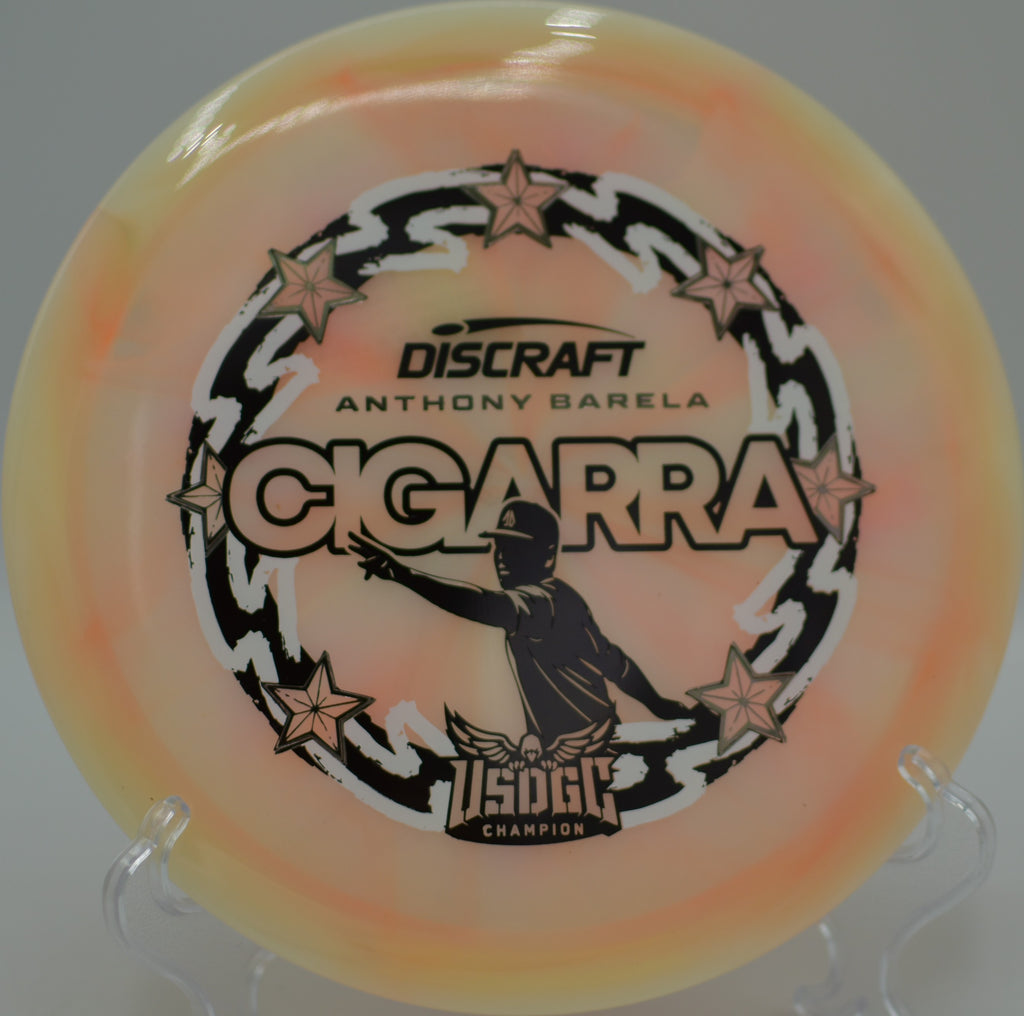 Z-Swirl Cigarra illuminated by sunset at Lizard Peak DGC in Pocatello, ID, emphasizing its glide-forward flight.