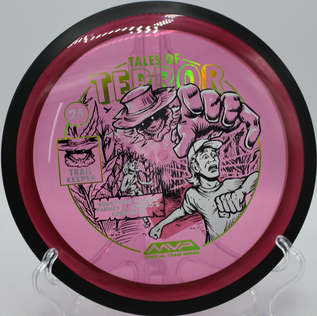 2025 MVP Halloween Trail disc in Proton plastic holding dead-straight line at The Bear DGC in Marshall, Minnesota
