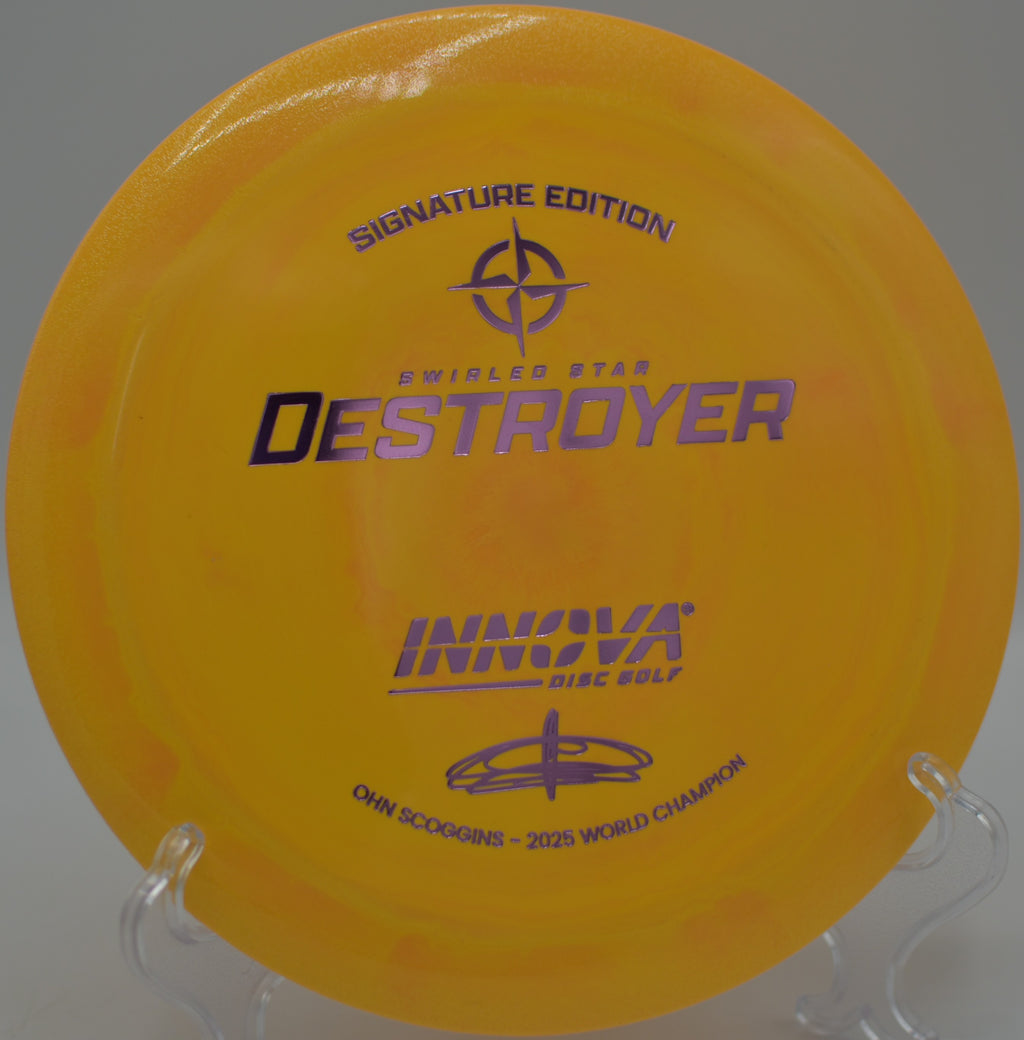 Star Swirled Ohn Signature Destroyer ripping downhill at Black Falcon DGC in Kent City, MI, maximizing glide and late-stage stability.